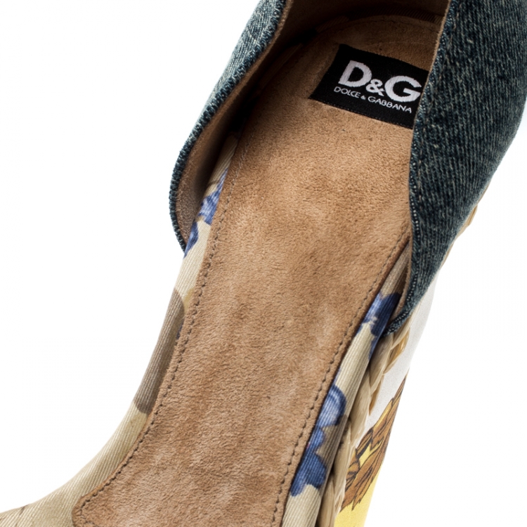 Pre Owned Dolce and Gabbana Multicolor Printed Satin/Denim Ankle Strap Platform Wedge Sandals Size 38