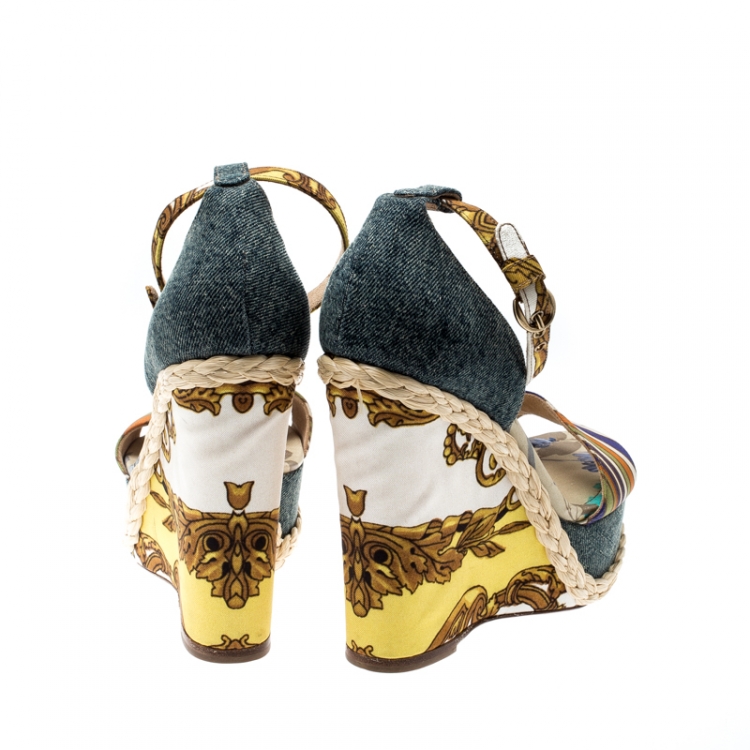 Pre Owned Dolce and Gabbana Multicolor Printed Satin/Denim Ankle Strap Platform Wedge Sandals Size 38