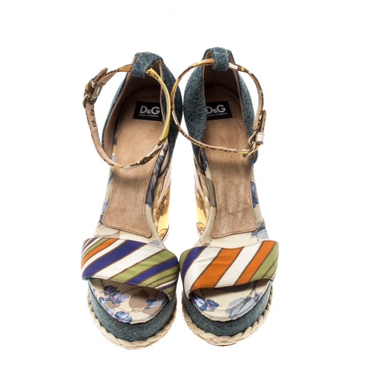 Pre Owned Dolce and Gabbana Multicolor Printed Satin/Denim Ankle Strap Platform Wedge Sandals Size 38