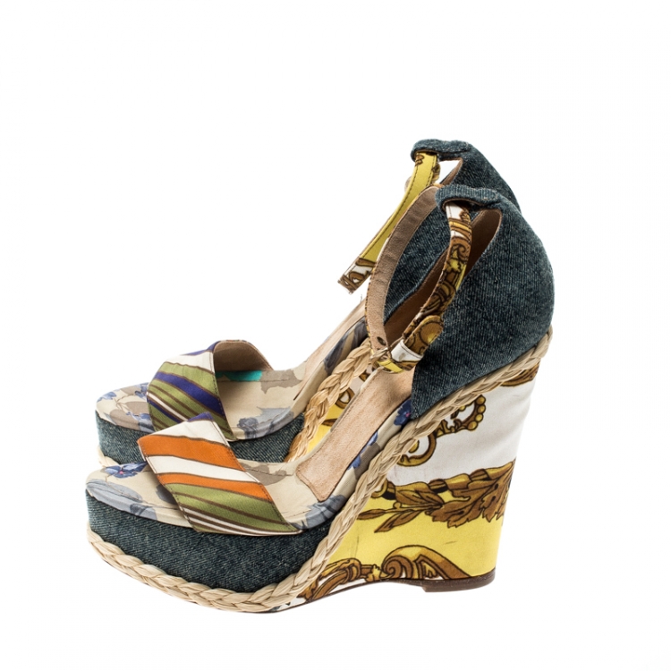 Pre Owned Dolce and Gabbana Multicolor Printed Satin/Denim Ankle Strap Platform Wedge Sandals Size 38