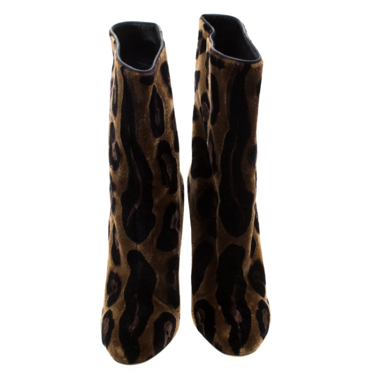 Pre Owned Dolce And Gabbana Brown Leopard Print Velvet Calf Boots Size 37.5