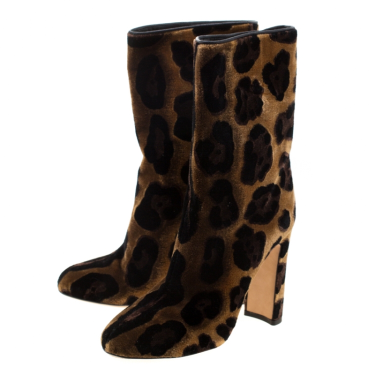 Pre Owned Dolce And Gabbana Brown Leopard Print Velvet Calf Boots Size 37.5