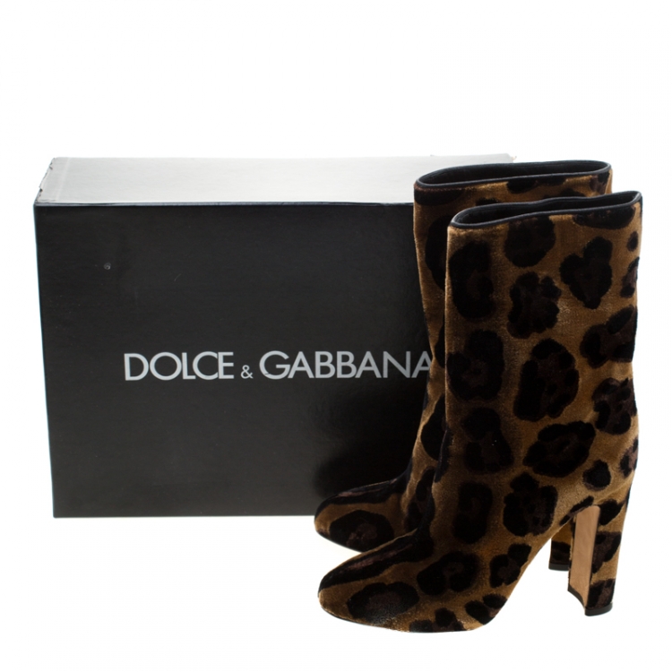 Pre Owned Dolce And Gabbana Brown Leopard Print Velvet Calf Boots Size 37.5