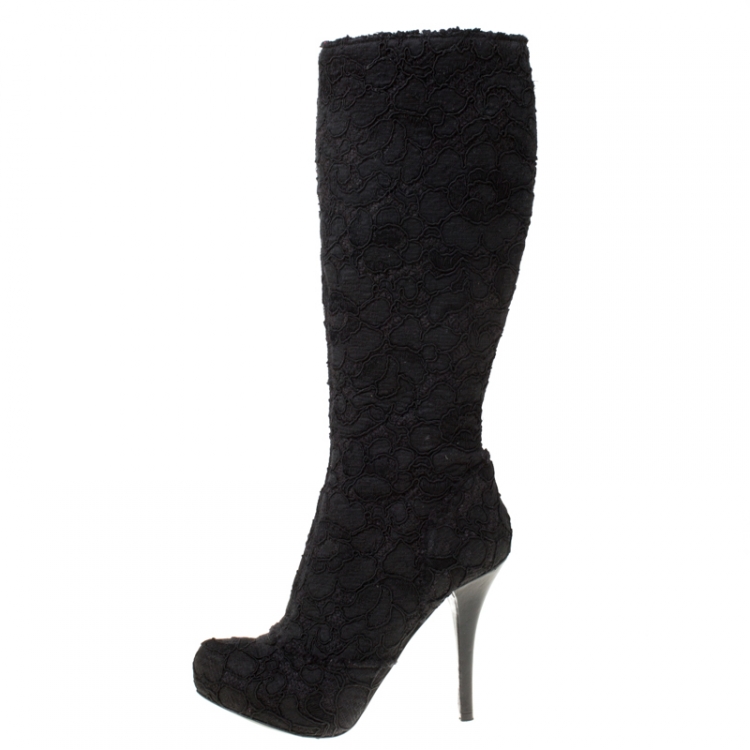 Pre Owned Dolce and Gabbana Black Floral Lace And Tweed Platform Boots Size 37