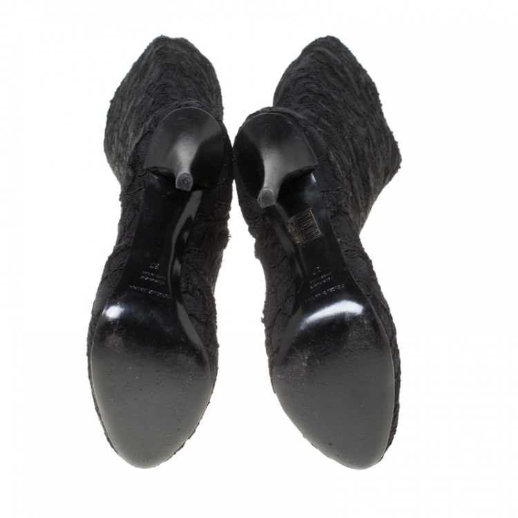 Pre Owned Dolce and Gabbana Black Floral Lace And Tweed Platform Boots Size 37