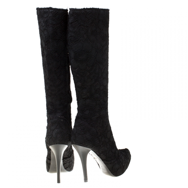 Pre Owned Dolce and Gabbana Black Floral Lace And Tweed Platform Boots Size 37