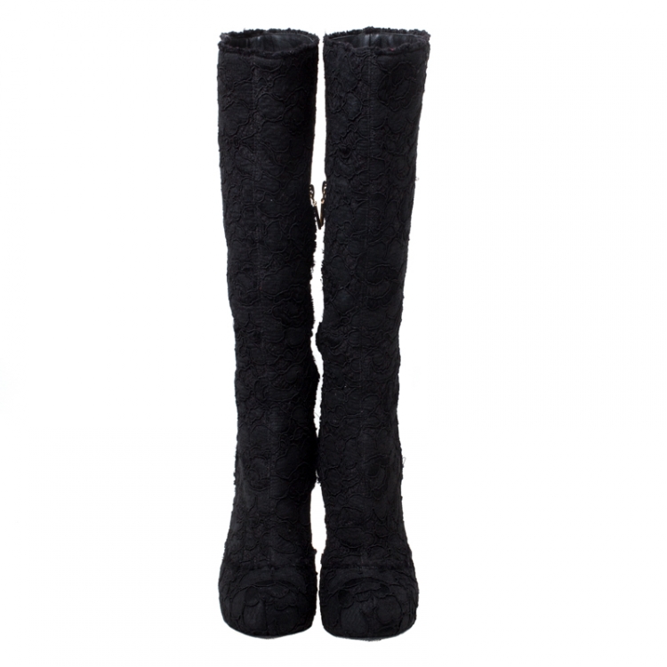 Pre Owned Dolce and Gabbana Black Floral Lace And Tweed Platform Boots Size 37