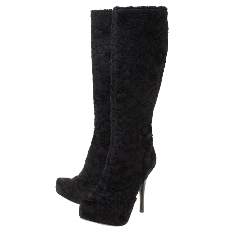 Pre Owned Dolce and Gabbana Black Floral Lace And Tweed Platform Boots Size 37