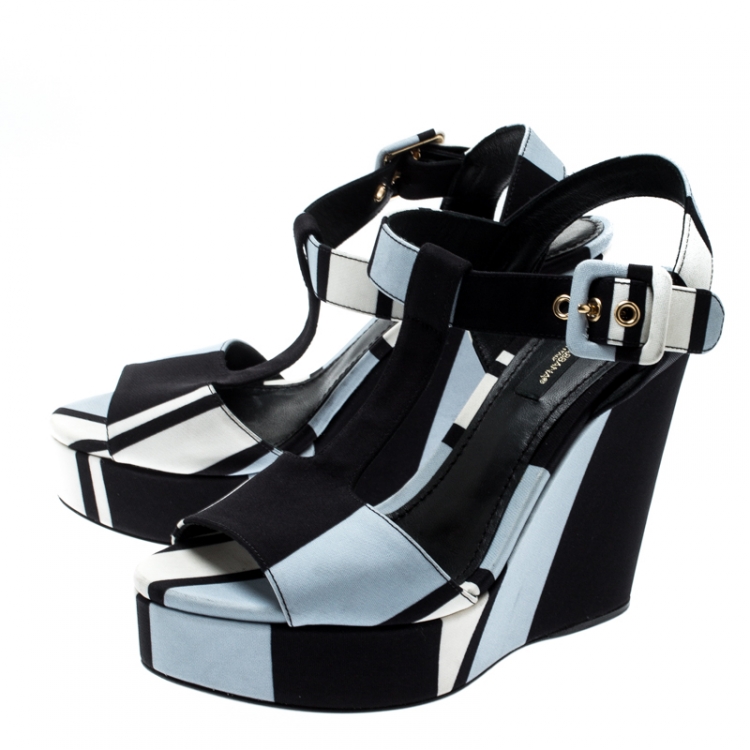 Pre Owned Dolce & Gabbana Tricolor Fabric T Strap Wedge Platform Sandals Size 35