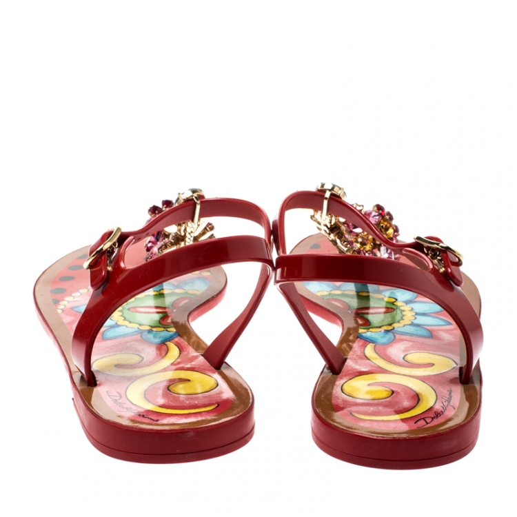 Pre Owned Dolce & Gabbana Multicolor Rubber Crystal Embellished Flat Thong Sandals Size 37