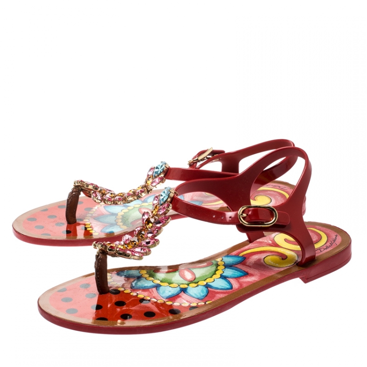 Pre Owned Dolce & Gabbana Multicolor Rubber Crystal Embellished Flat Thong Sandals Size 37