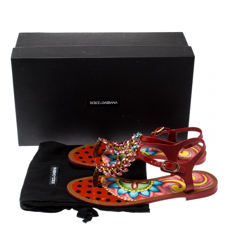 Pre Owned Dolce & Gabbana Multicolor Rubber Crystal Embellished Flat Thong Sandals Size 37