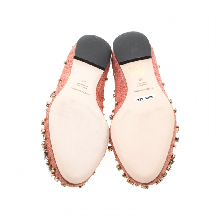 Pre Owned Dolce & Gabbana Pink Raffia and Leather Crystal Embellished Smoking Slippers Size 38