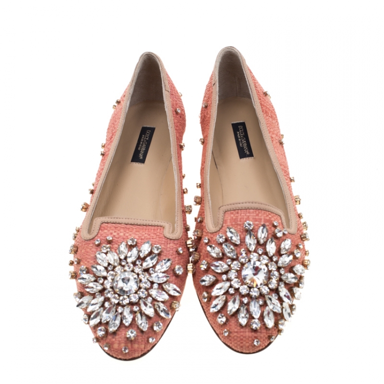 Pre Owned Dolce & Gabbana Pink Raffia and Leather Crystal Embellished Smoking Slippers Size 38