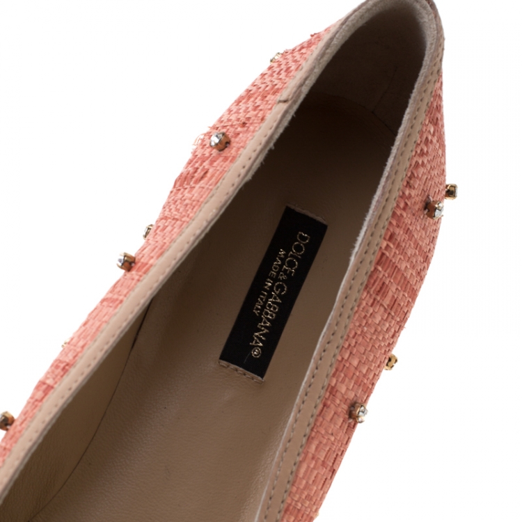 Pre Owned Dolce & Gabbana Pink Raffia and Leather Crystal Embellished Smoking Slippers Size 38
