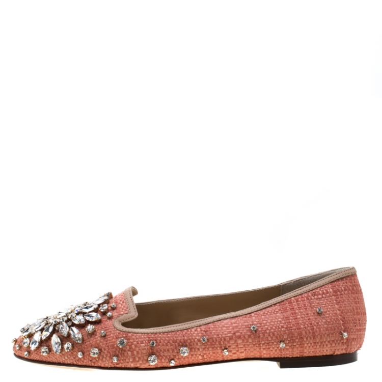 Pre Owned Dolce & Gabbana Pink Raffia and Leather Crystal Embellished Smoking Slippers Size 38
