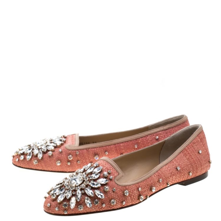 Pre Owned Dolce & Gabbana Pink Raffia and Leather Crystal Embellished Smoking Slippers Size 38