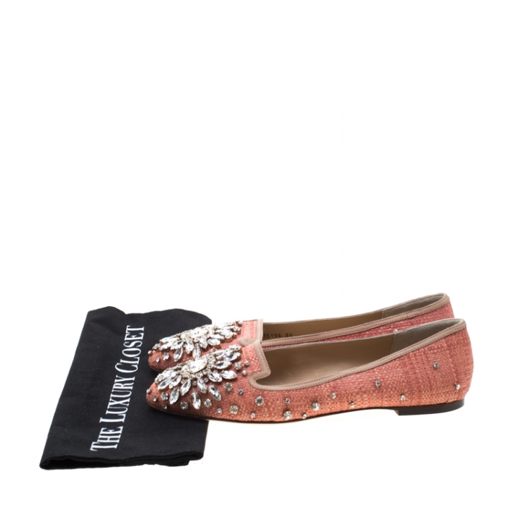 Pre Owned Dolce & Gabbana Pink Raffia and Leather Crystal Embellished Smoking Slippers Size 38