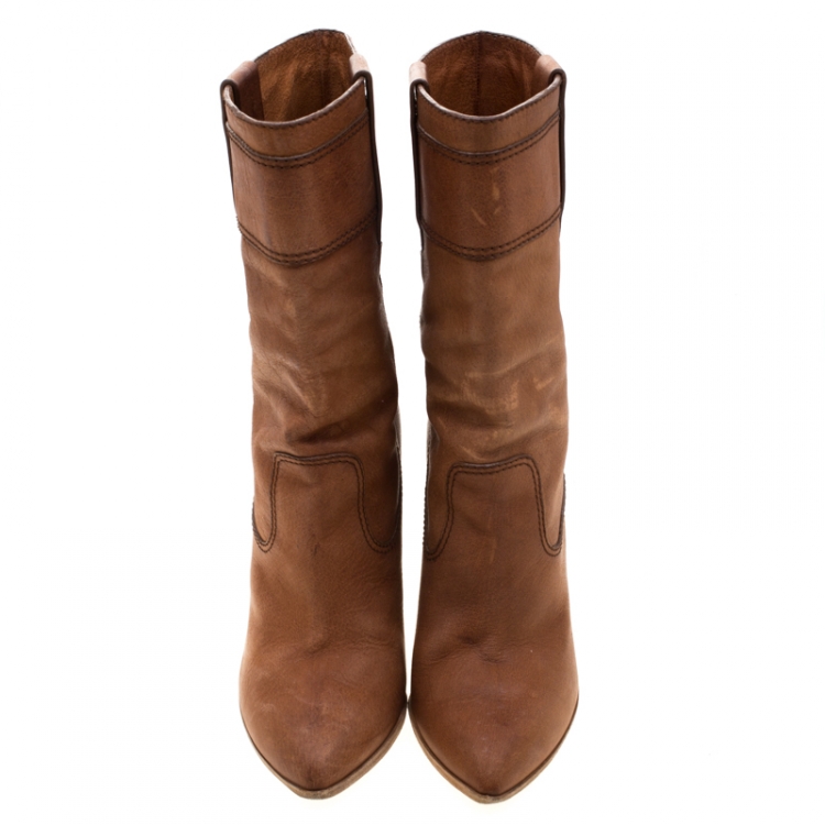 Pre Owned Dolce and Gabbana Brown Leather Mid Calf Length Boots Size 38.5