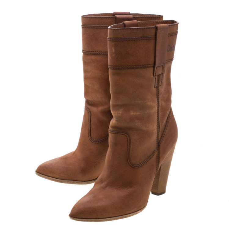 Pre Owned Dolce and Gabbana Brown Leather Mid Calf Length Boots Size 38.5