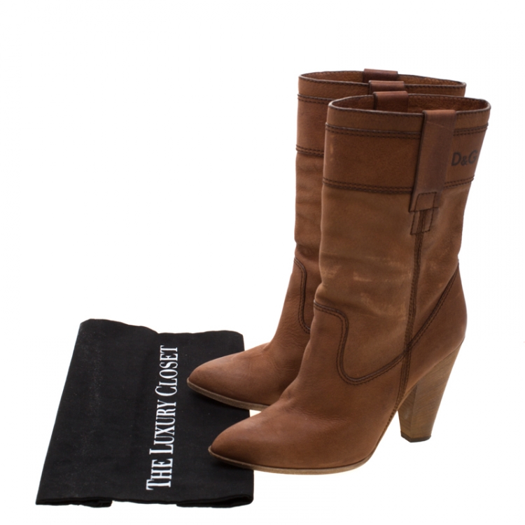 Pre Owned Dolce and Gabbana Brown Leather Mid Calf Length Boots Size 38.5