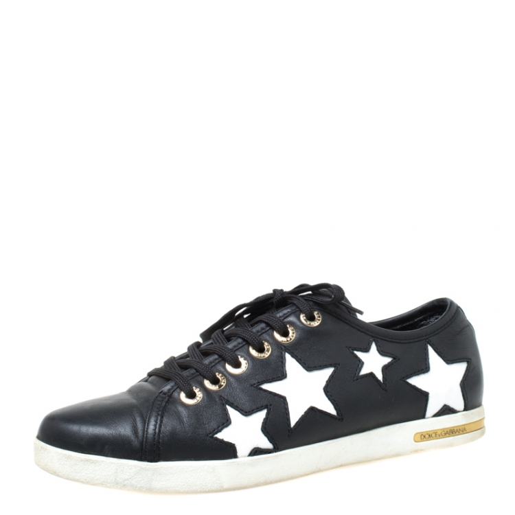 Pre Owned Dolce and Gabbana Monochrome Leather Star Cut Out Low Top Sneakers Size 38