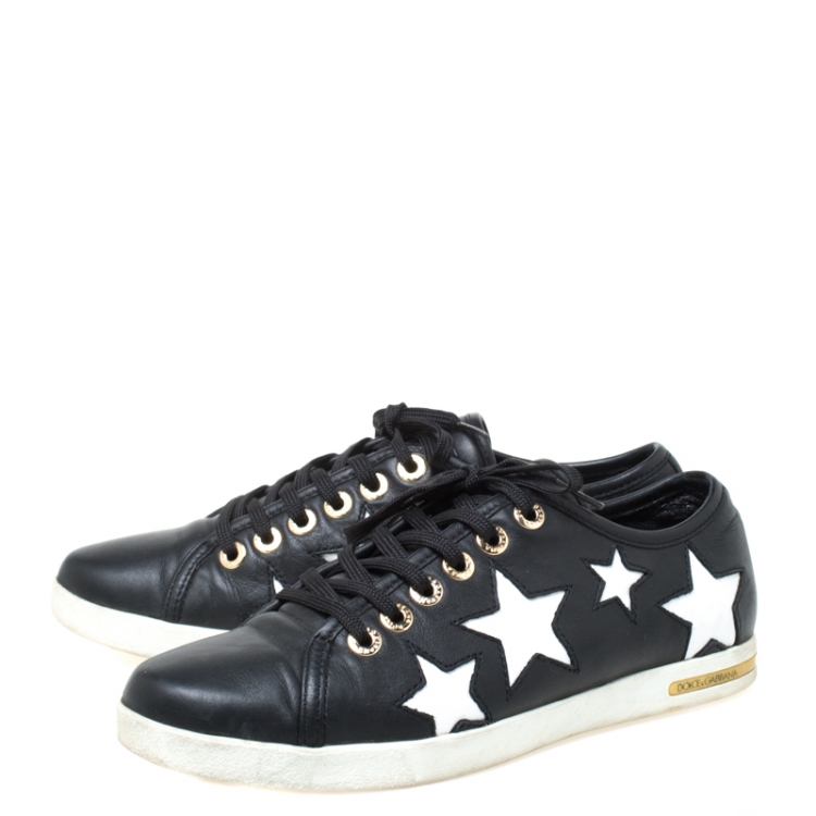 Pre Owned Dolce and Gabbana Monochrome Leather Star Cut Out Low Top Sneakers Size 38