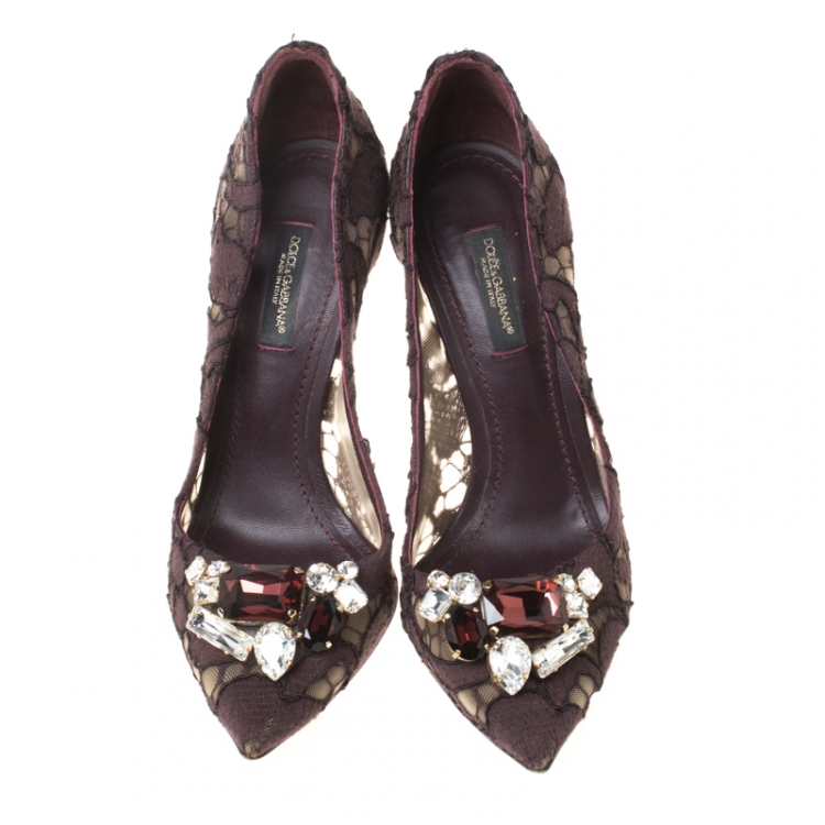 Pre Owned Dolce and Gabbana Brown Lace Embellished Pumps Size 36