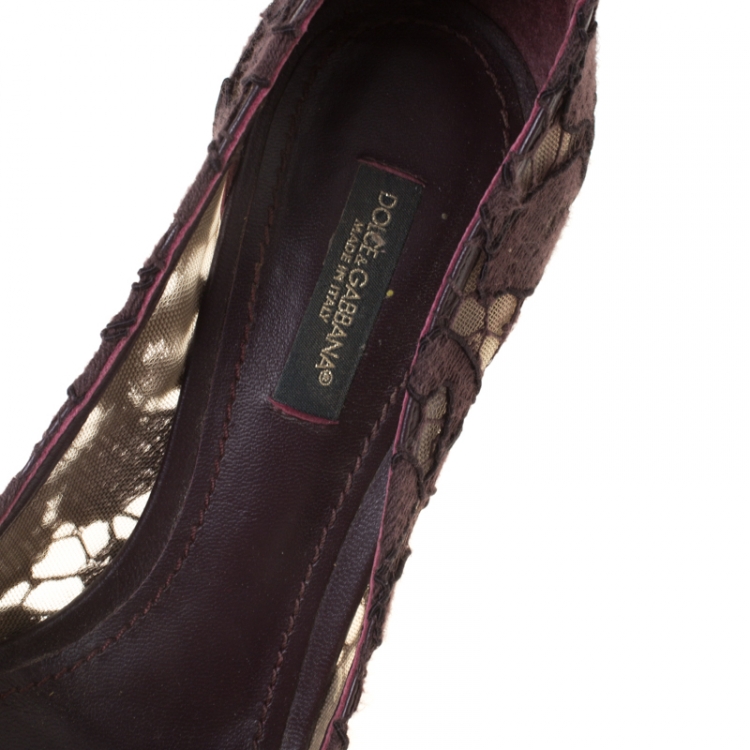Pre Owned Dolce and Gabbana Brown Lace Embellished Pumps Size 36