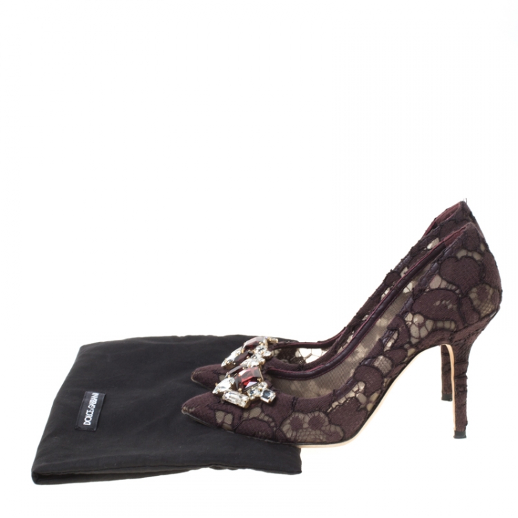 Pre Owned Dolce and Gabbana Brown Lace Embellished Pumps Size 36