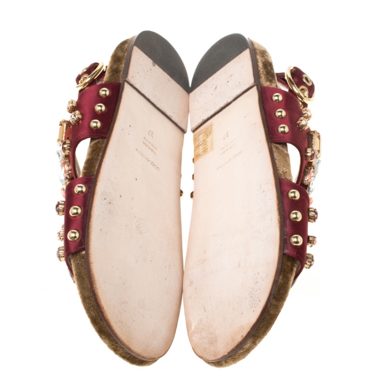 Pre Owned Dolce & Gabbana Burgundy Satin Crystal Embellished Flat Sandals Size 37