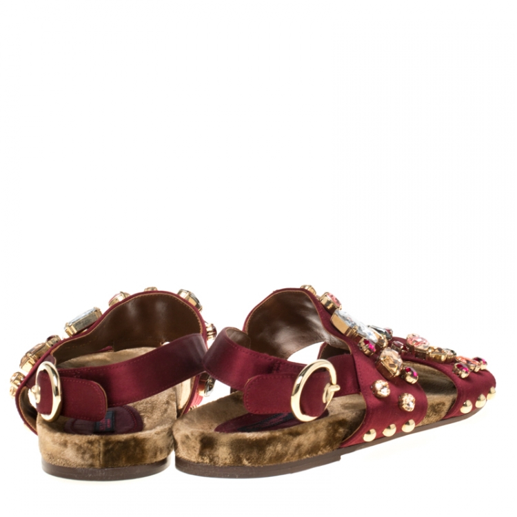 Pre Owned Dolce & Gabbana Burgundy Satin Crystal Embellished Flat Sandals Size 37