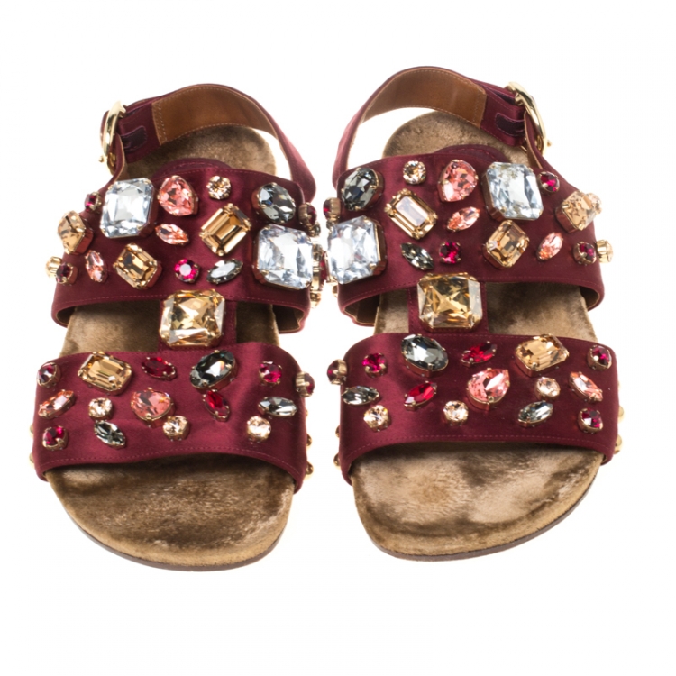 Pre Owned Dolce & Gabbana Burgundy Satin Crystal Embellished Flat Sandals Size 37