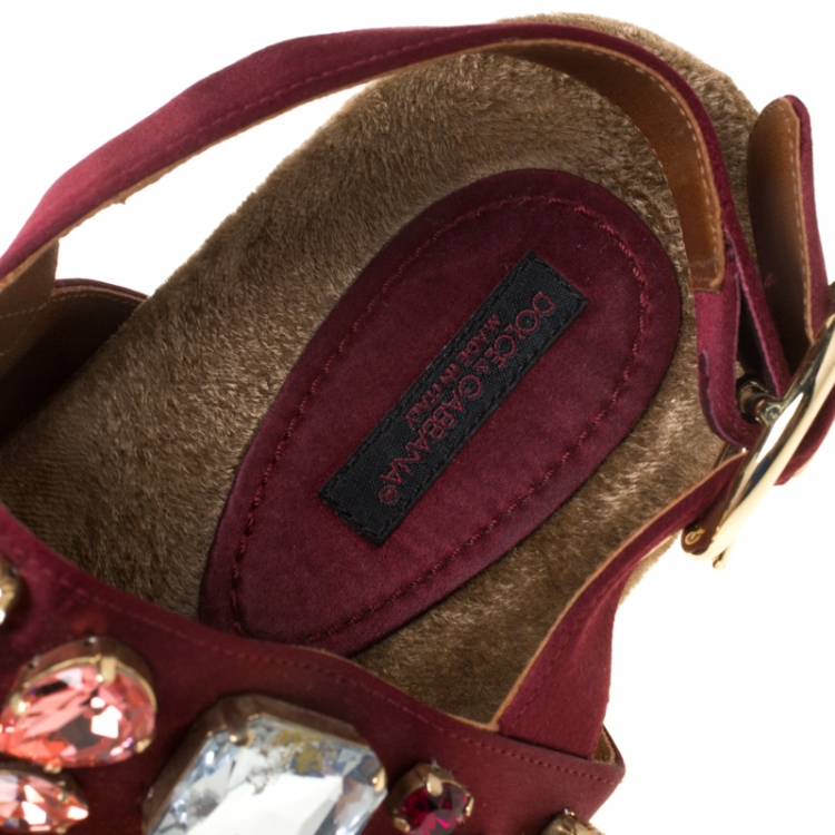 Pre Owned Dolce & Gabbana Burgundy Satin Crystal Embellished Flat Sandals Size 37