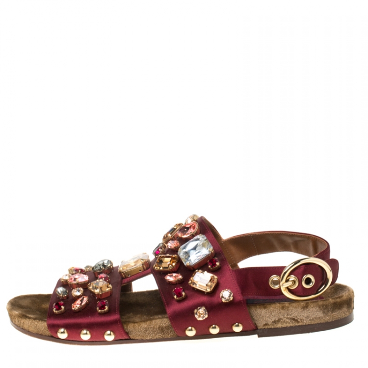 Pre Owned Dolce & Gabbana Burgundy Satin Crystal Embellished Flat Sandals Size 37