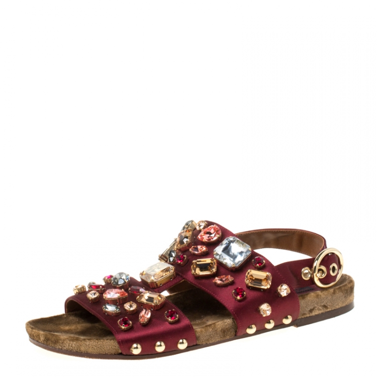 Pre Owned Dolce & Gabbana Burgundy Satin Crystal Embellished Flat Sandals Size 37