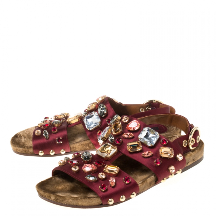 Pre Owned Dolce & Gabbana Burgundy Satin Crystal Embellished Flat Sandals Size 37