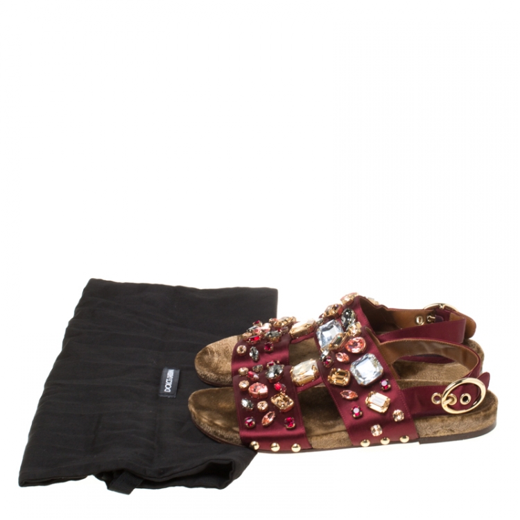 Pre Owned Dolce & Gabbana Burgundy Satin Crystal Embellished Flat Sandals Size 37