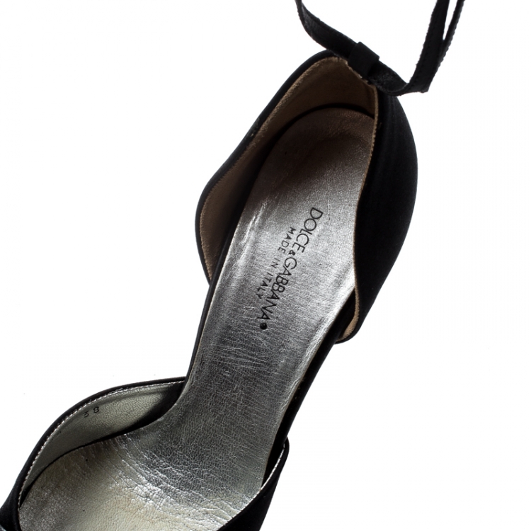 Pre Owned Dolce and Gabbana Black Satin Embellished Bow Ankle Strap Sandals Size 38