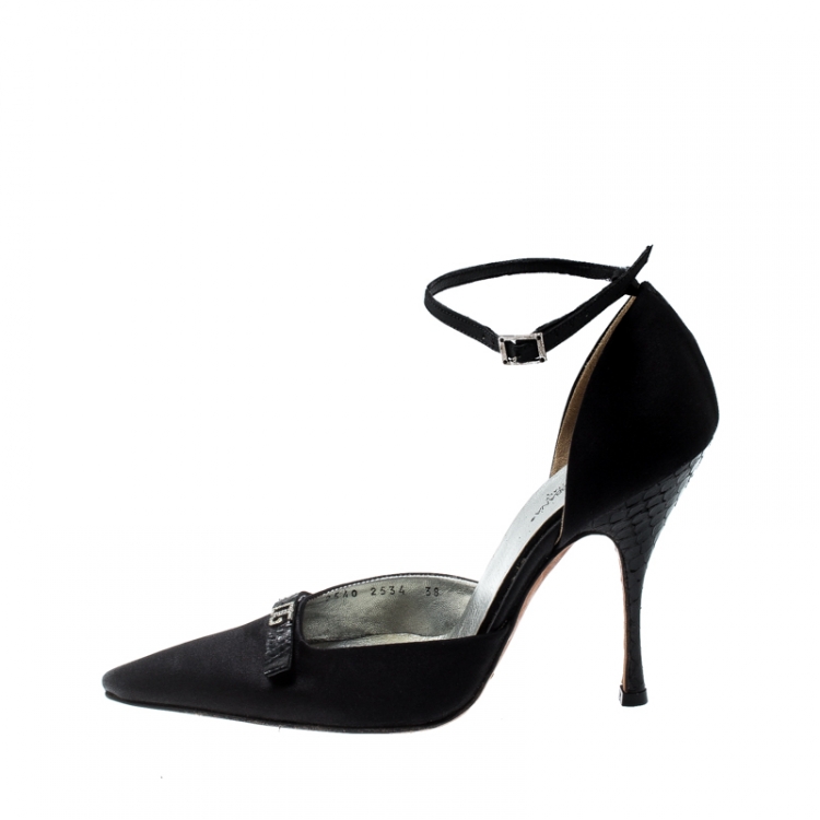 Pre Owned Dolce and Gabbana Black Satin Embellished Bow Ankle Strap Sandals Size 38