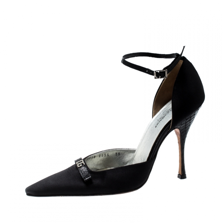 Pre Owned Dolce and Gabbana Black Satin Embellished Bow Ankle Strap Sandals Size 38