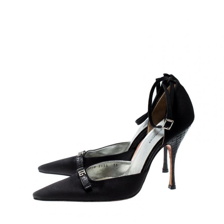 Pre Owned Dolce and Gabbana Black Satin Embellished Bow Ankle Strap Sandals Size 38