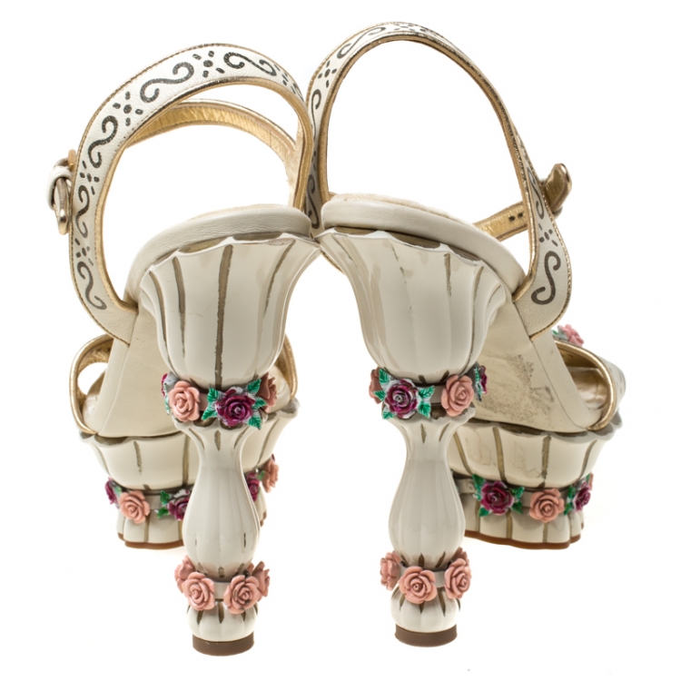 Pre Owned Dolce and Gabbana Metallic Gold/White Flower Embellished Ankle Strap Platform Sandals Size 39
