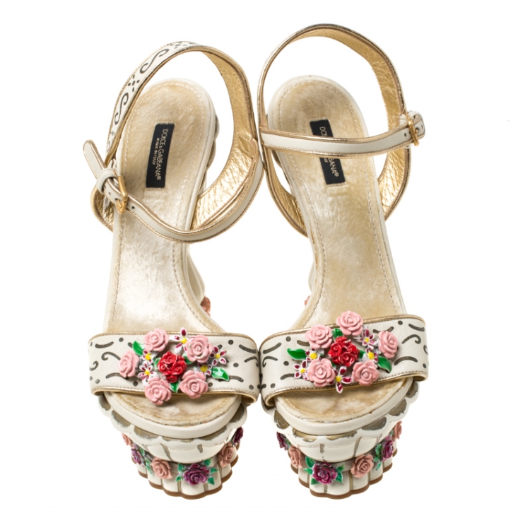 Pre Owned Dolce and Gabbana Metallic Gold/White Flower Embellished Ankle Strap Platform Sandals Size 39