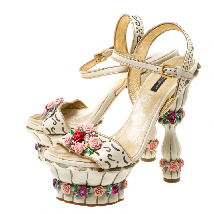 Pre Owned Dolce and Gabbana Metallic Gold/White Flower Embellished Ankle Strap Platform Sandals Size 39