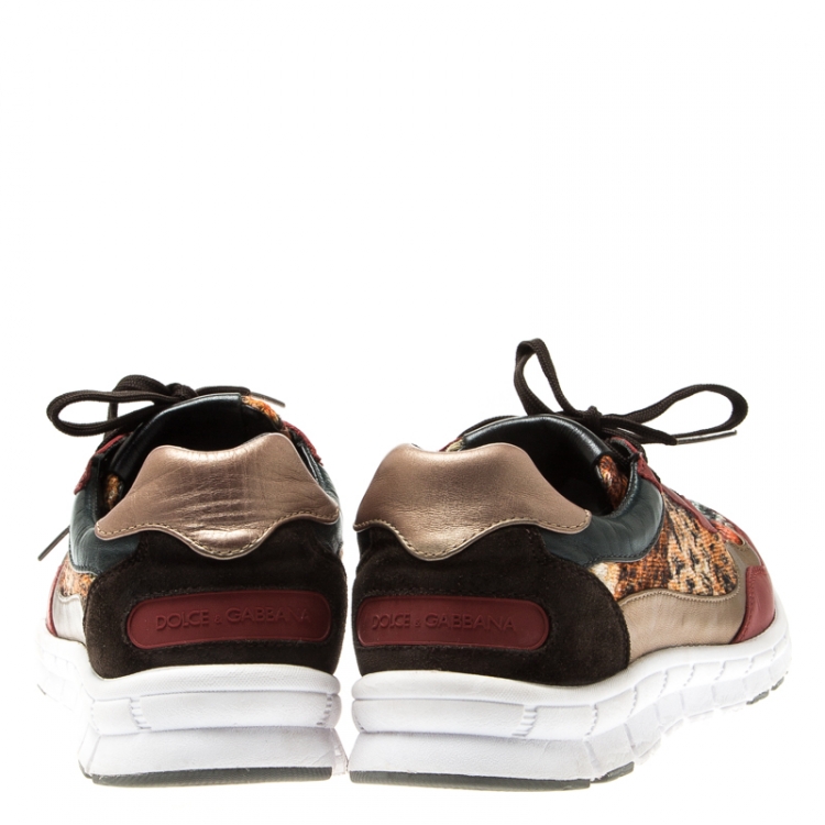 Pre Owned Dolce and Gabbana Multicolor Leather And Tweed Fabric Lace Up Sneakers Size 39