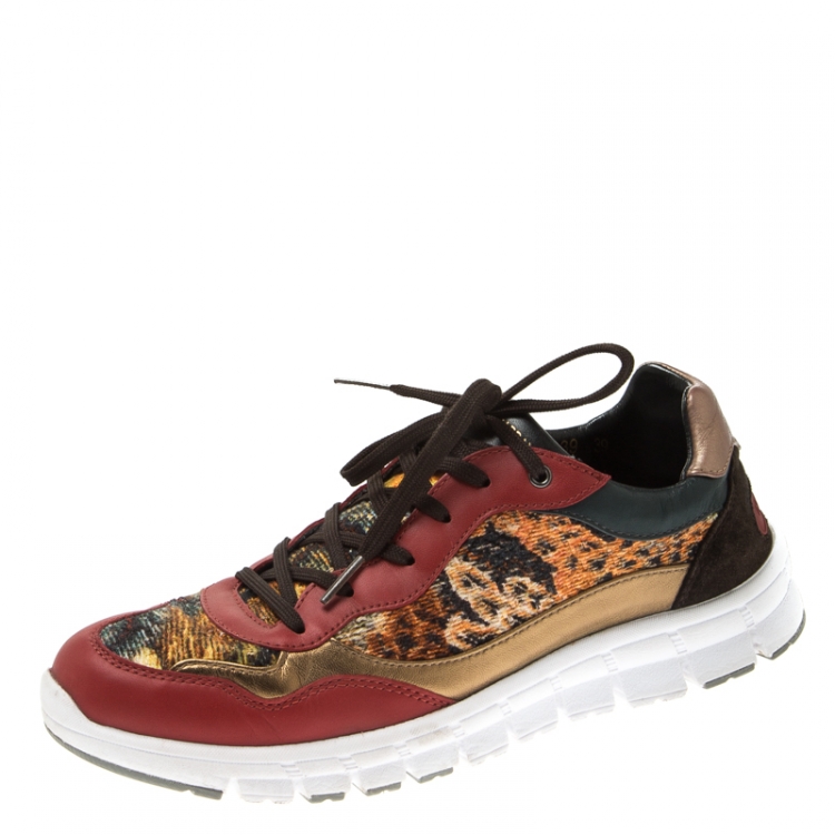 Pre Owned Dolce and Gabbana Multicolor Leather And Tweed Fabric Lace Up Sneakers Size 39