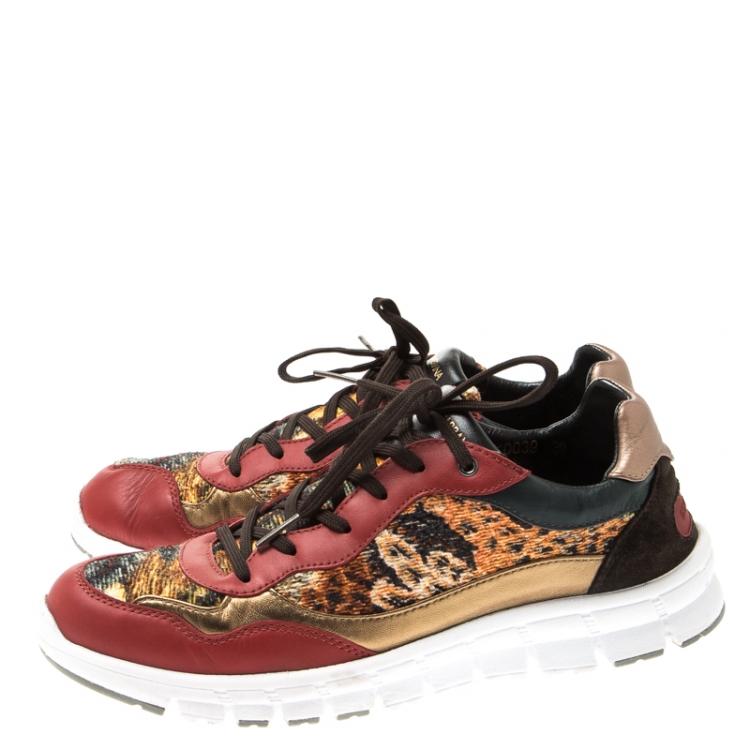 Pre Owned Dolce and Gabbana Multicolor Leather And Tweed Fabric Lace Up Sneakers Size 39