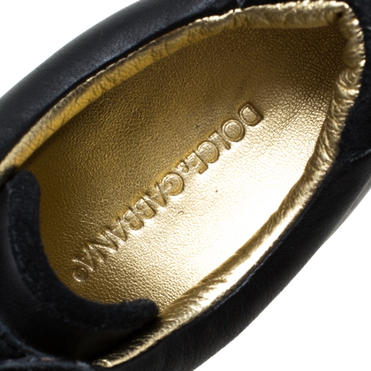 Pre Owned Dolce and Gabbana Black Leather and Suede Lace Up Wedge Sneakers Size 35
