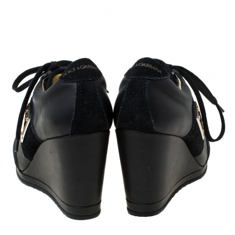 Pre Owned Dolce and Gabbana Black Leather and Suede Lace Up Wedge Sneakers Size 35
